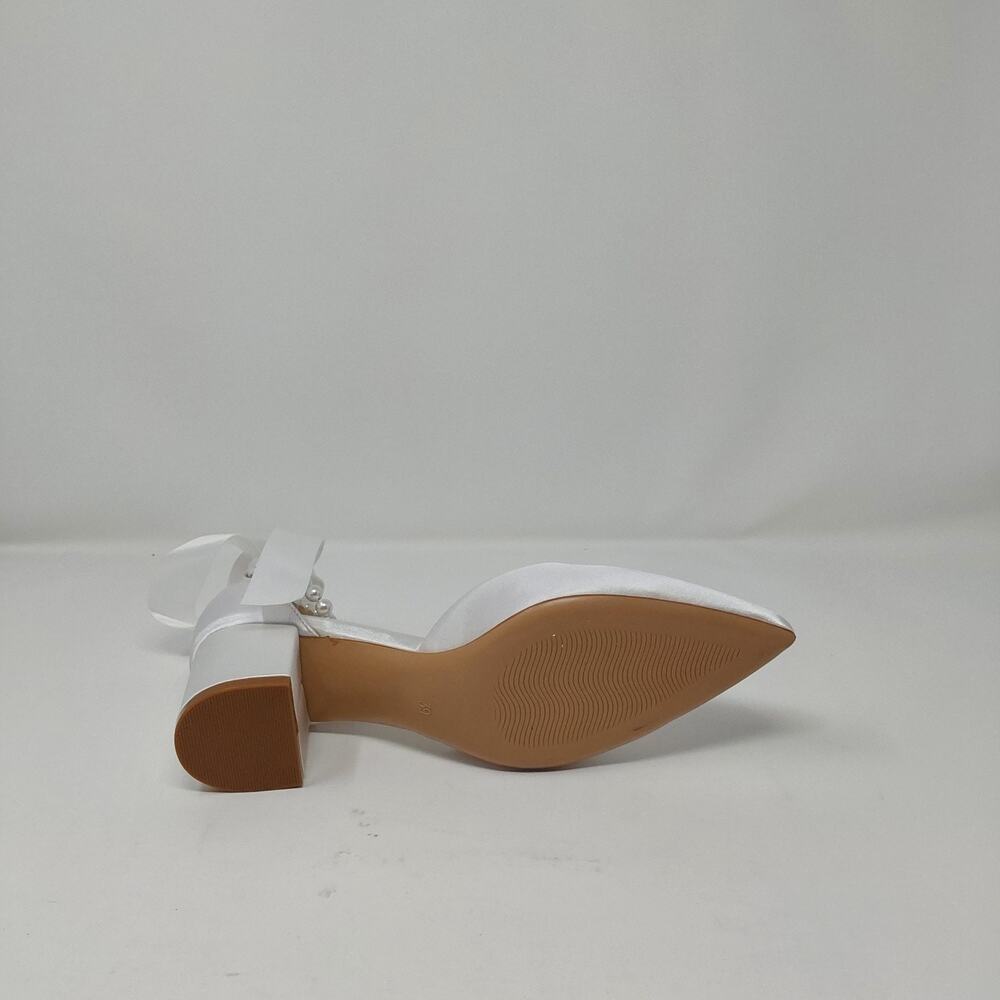 White Satin Bridal Pearl Ankle Strap Block Heel Wedding Pumps Women’s Size 8.5 - Picture 10 of 15